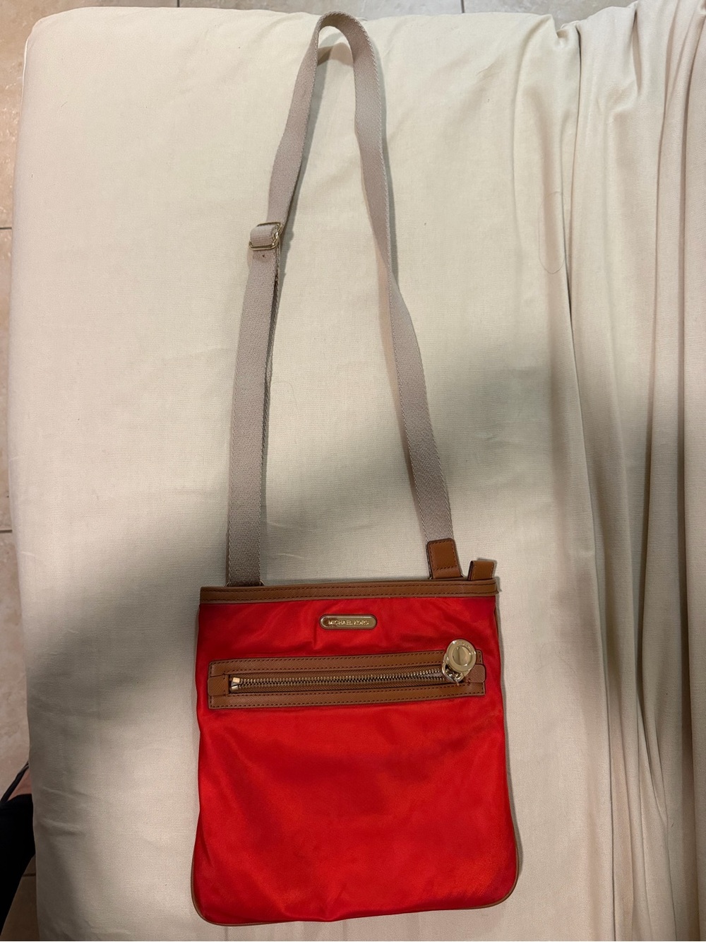 Michael Kors Orange Nylon Crossbody Bag Tan Leather Gold Hardware